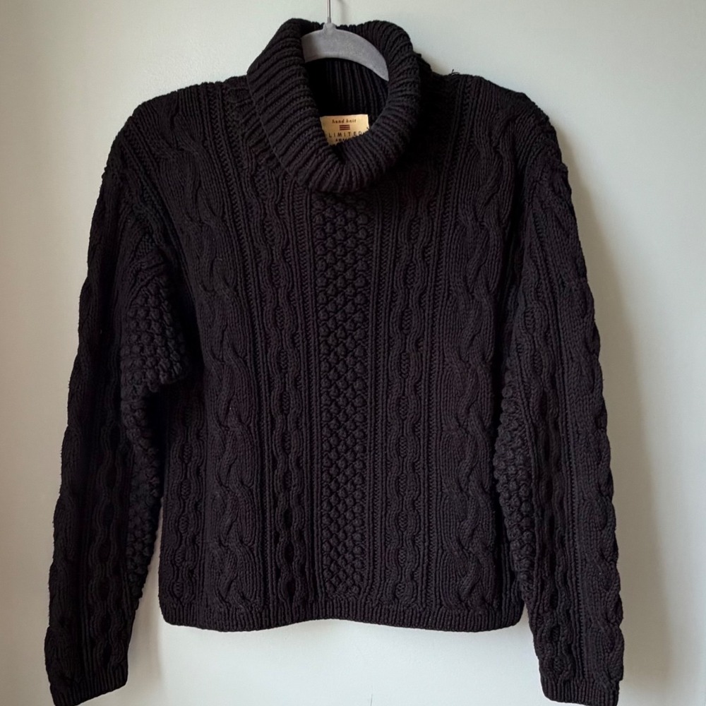 Vintage Limited America Sweater Black Hand Knit Cotton Cable Turtleneck Medium